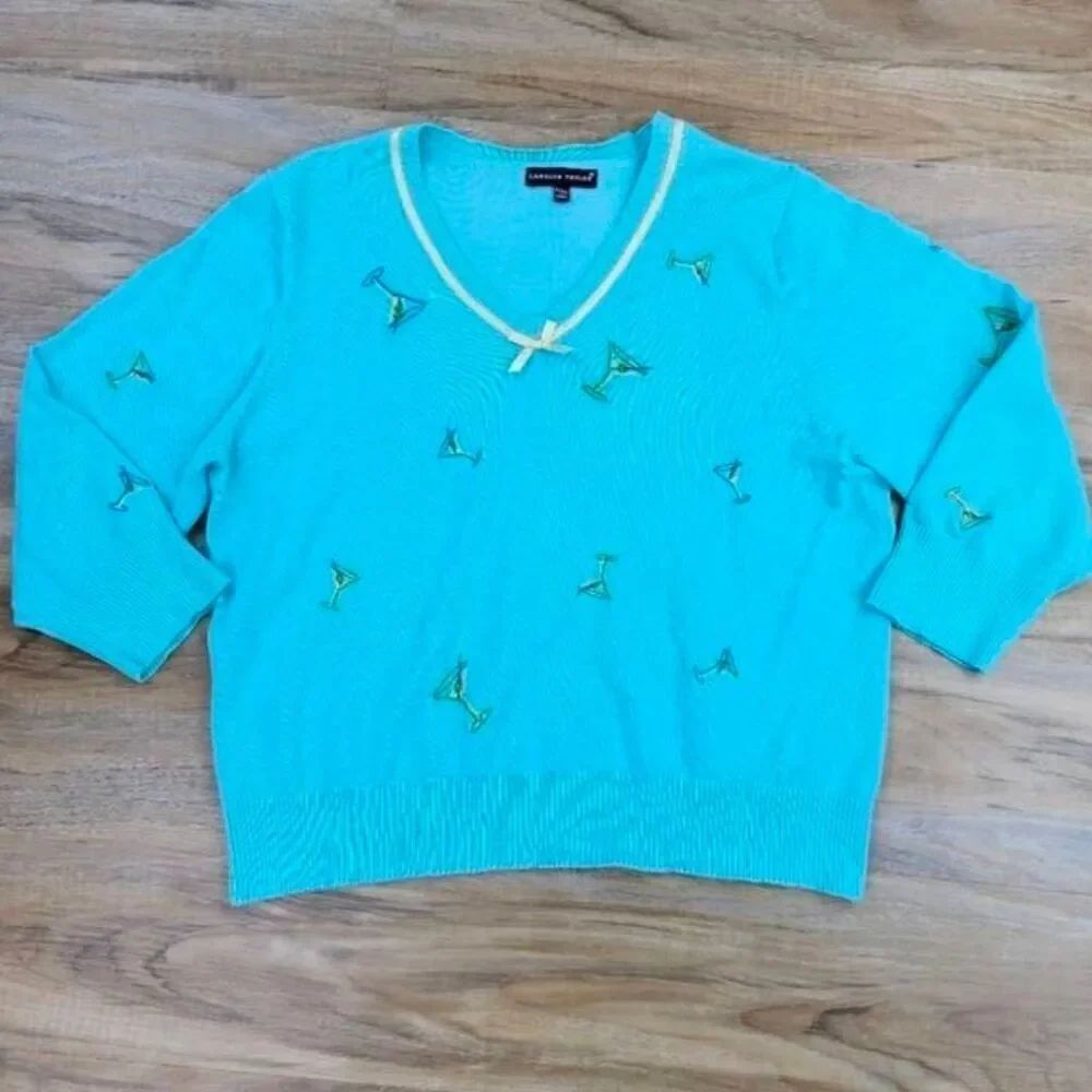 ☔️🔺️Carolyn Taylor Turquoise Embroidered Martini Glasses Crop Sweater XLarge